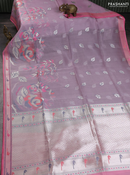 Banarasi Kora silk saree pastel grey and pink shade with allover jamdhani weaving