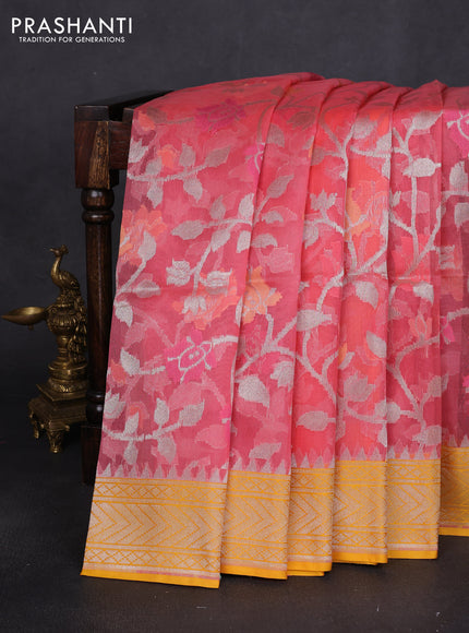 Banarasi Kora silk saree peach pink and mustard yellow with allover jamdhani weaving