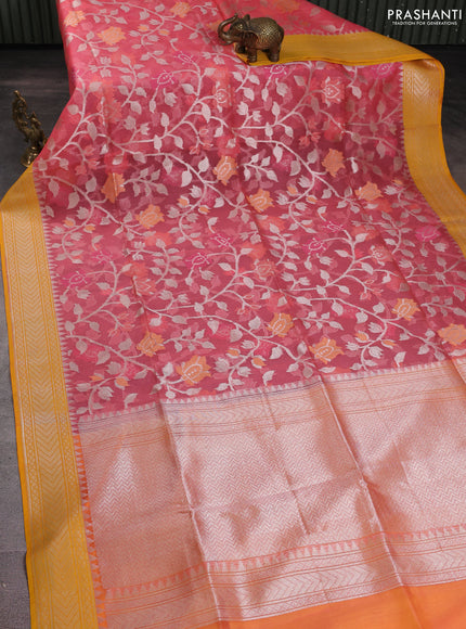 Banarasi Kora silk saree peach pink and mustard yellow with allover jamdhani weaving