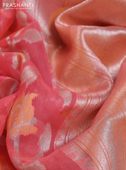 Banarasi Kora silk saree peach pink and mustard yellow with allover jamdhani weaving