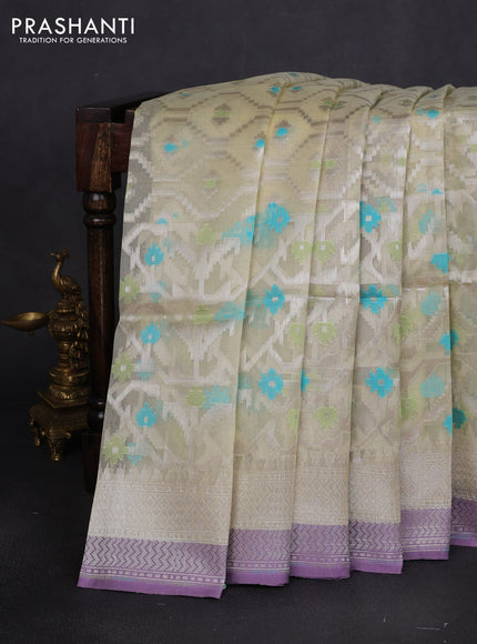 Banarasi Kora silk saree Cream and lavender with allover jamdhani weaving