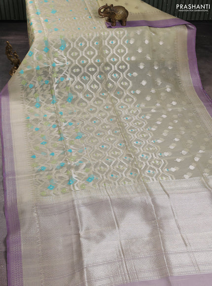 Banarasi Kora silk saree Cream and lavender with allover jamdhani weaving