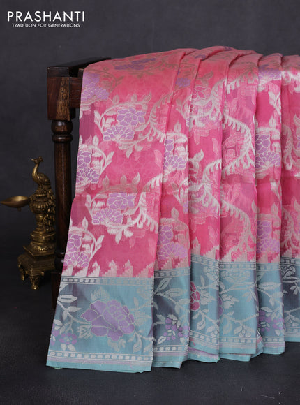 Banarasi Kora silk saree peach pink and teal green shade with allover jamdhani weaving