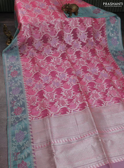 Banarasi Kora silk saree peach pink and teal green shade with allover jamdhani weaving