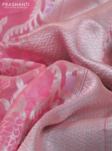 Banarasi Kora silk saree peach pink and teal green shade with allover jamdhani weaving
