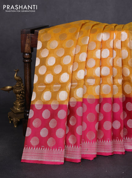 Banarasi Kora silk saree mustard yellow and pink with allover jamdhani weaving