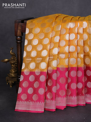Banarasi Kora silk saree mustard yellow and pink with allover jamdhani weaving