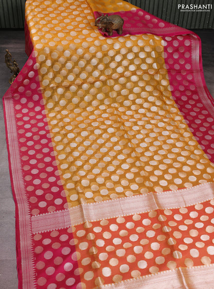 Banarasi Kora silk saree mustard yellow and pink with allover jamdhani weaving