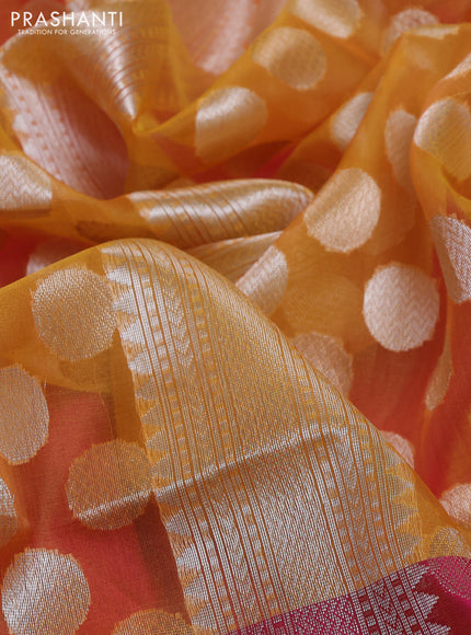 Banarasi Kora silk saree mustard yellow and pink with allover jamdhani weaving