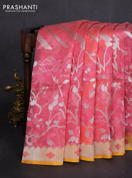 Banarasi Kora silk saree peach shade and yellow with allover jamdhani weaving