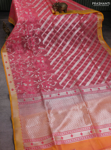 Banarasi Kora silk saree peach shade and yellow with allover jamdhani weaving
