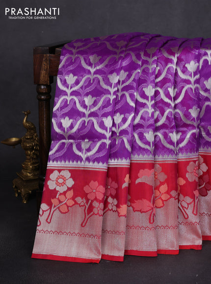 Banarasi Kora silk saree violet and red with allover jamdhani weaving