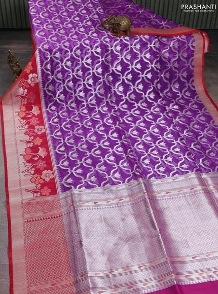Banarasi Kora silk saree violet and red with allover jamdhani weaving