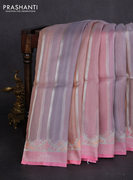 Banarasi Kora silk saree grey and peach pink with allover jamdhani weaving