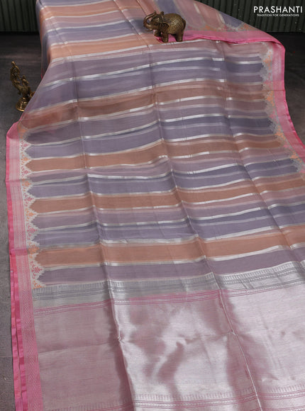 Banarasi Kora silk saree grey and peach pink with allover jamdhani weaving
