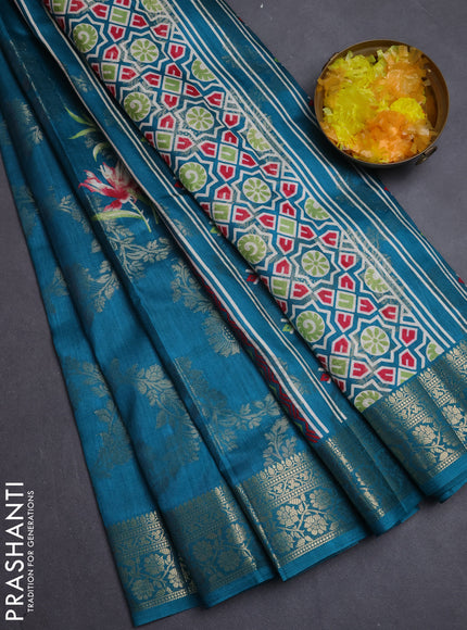 Semi dola saree teal blue with allover zari weaves & floral prints and zari woven border