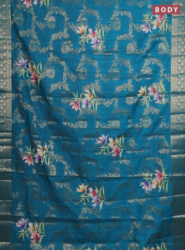 Semi dola saree teal blue with allover zari weaves & floral prints and zari woven border
