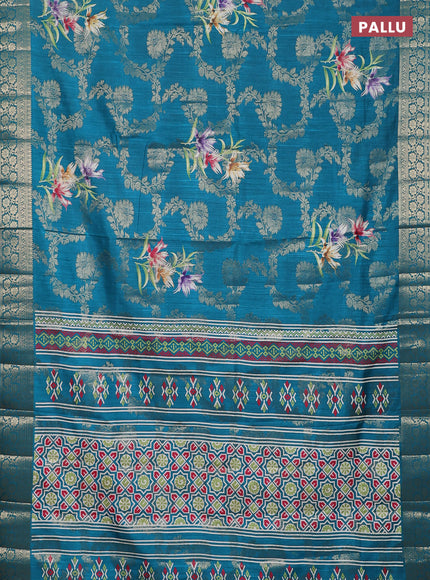 Semi dola saree teal blue with allover zari weaves & floral prints and zari woven border