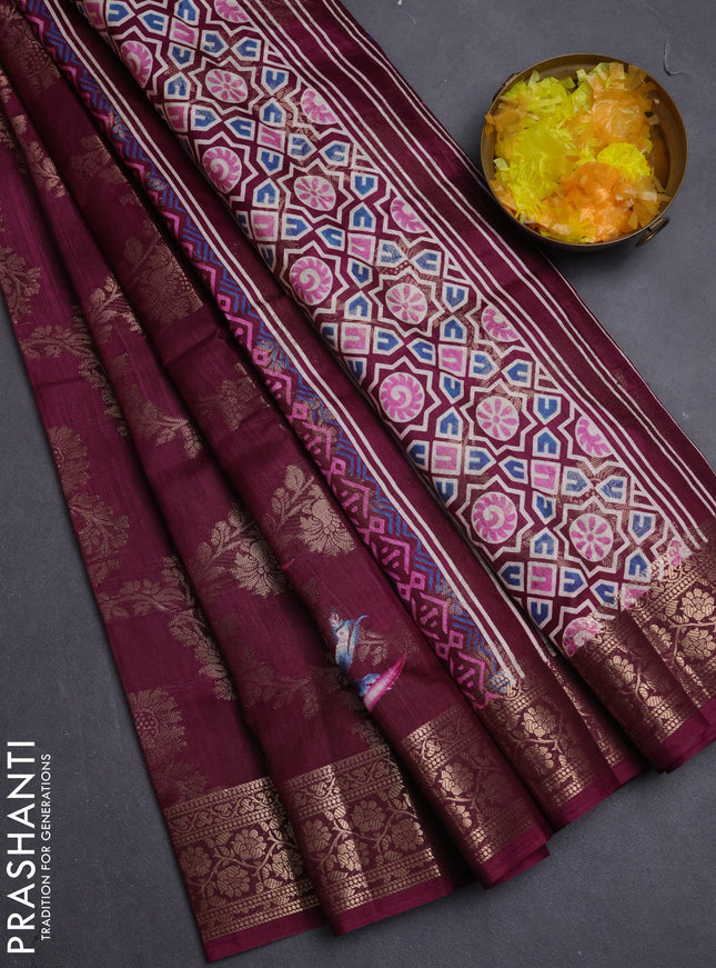 Semi dola saree wine shade with allover zari weaves & floral prints and zari woven border