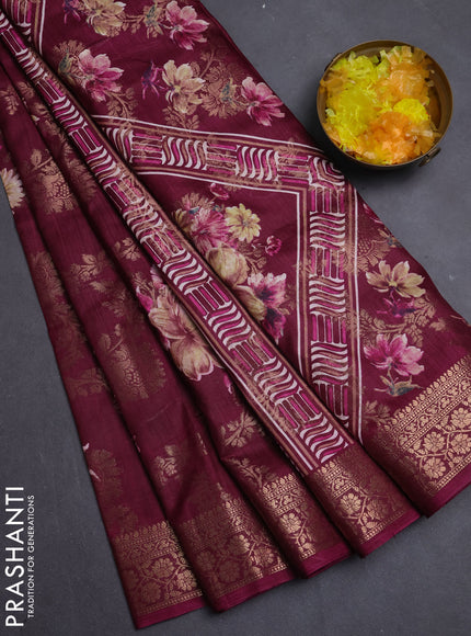 Semi dola saree deep maroon with allover zari weaves & floral prints and zari woven border