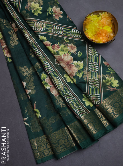 Semi dola saree bottle green with allover zari weaves & floral prints and zari woven border