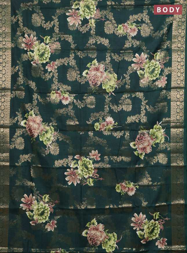 Semi dola saree bottle green with allover zari weaves & floral prints and zari woven border
