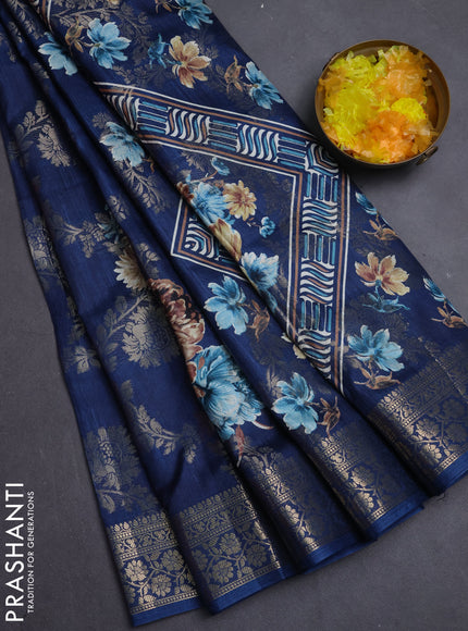 Semi dola saree peacock blue with allover zari weaves & floral prints and zari woven border