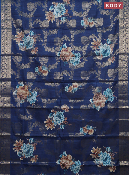 Semi dola saree peacock blue with allover zari weaves & floral prints and zari woven border