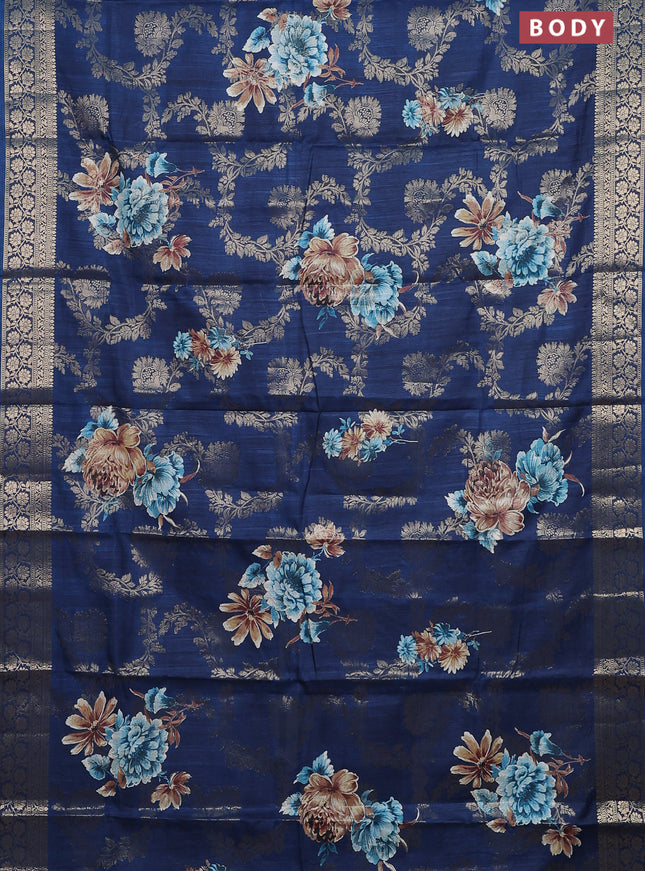 Semi dola saree peacock blue with allover zari weaves & floral prints and zari woven border