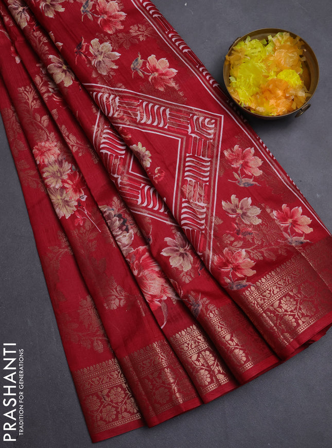 Semi dola saree maroon with allover zari weaves & floral prints and zari woven border