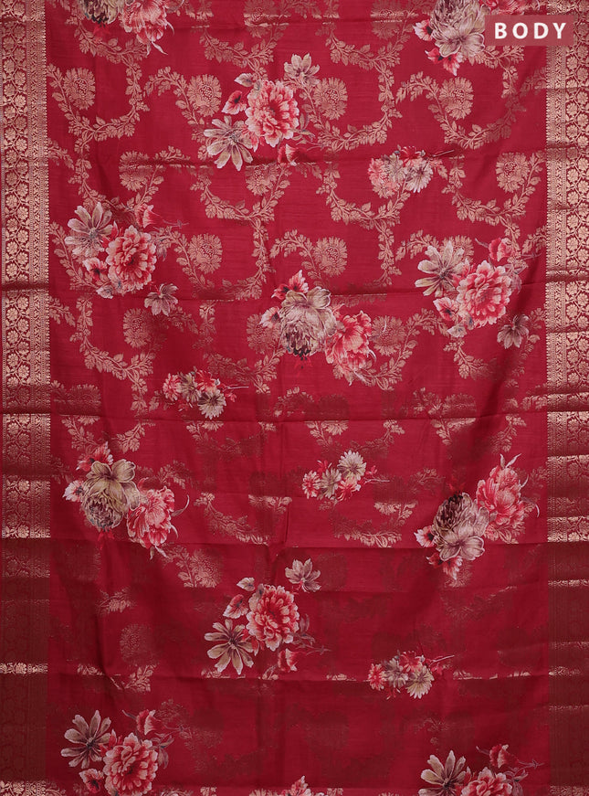 Semi dola saree maroon with allover zari weaves & floral prints and zari woven border
