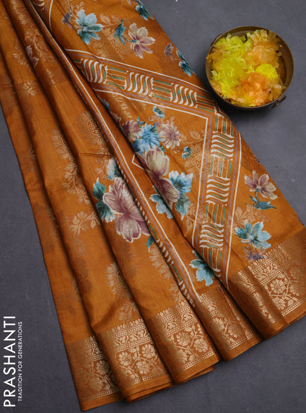 Semi dola saree mustard yellow with allover zari weaves & floral prints and zari woven border