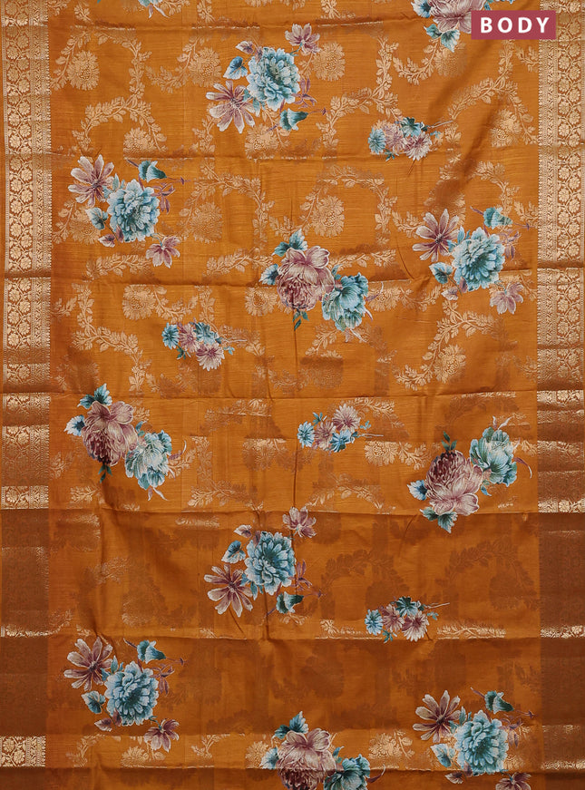 Semi dola saree mustard yellow with allover zari weaves & floral prints and zari woven border