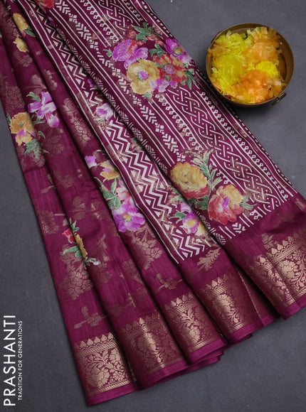 Semi dola saree wine shade with allover zari weaves & floral prints and zari woven border