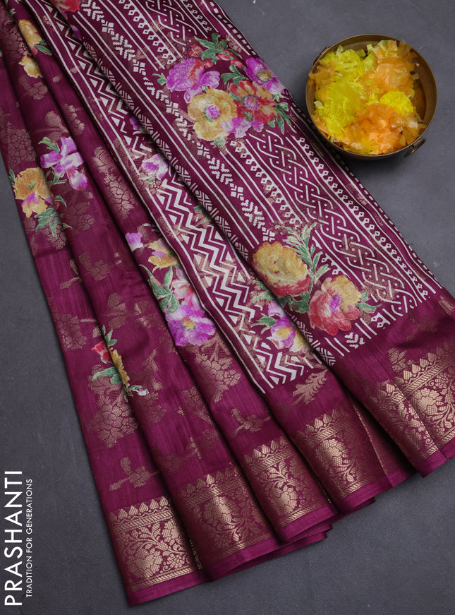Semi dola saree wine shade with allover zari weaves & floral prints and zari woven border