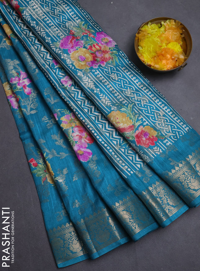 Semi dola saree teal blue with allover zari weaves & floral prints and zari woven border