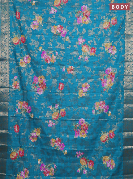 Semi dola saree teal blue with allover zari weaves & floral prints and zari woven border