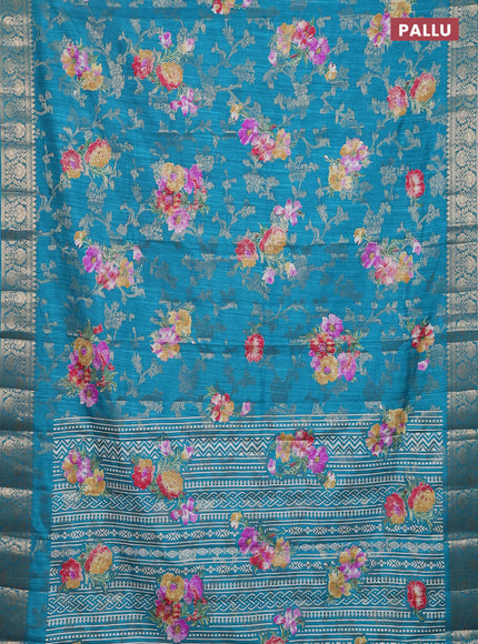Semi dola saree teal blue with allover zari weaves & floral prints and zari woven border