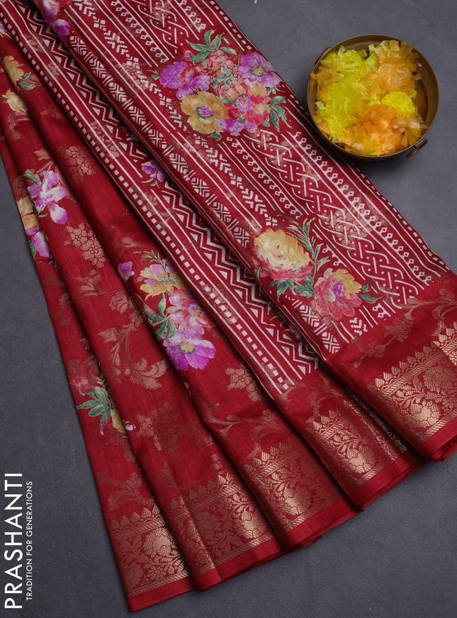 Semi dola saree maroon with allover zari weaves & floral prints and zari woven border