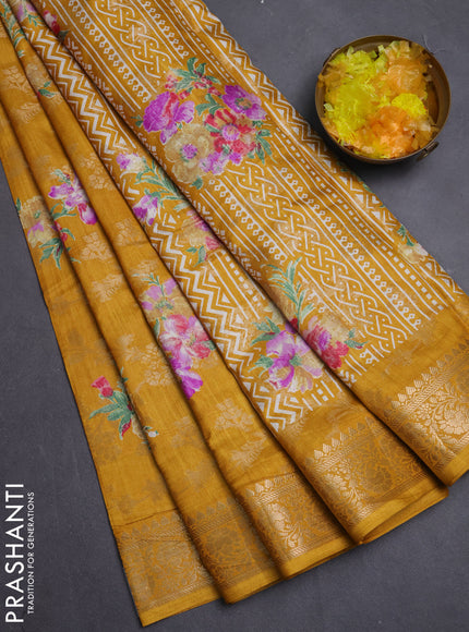 Semi dola saree mustard yellow with allover zari weaves & floral prints and zari woven border