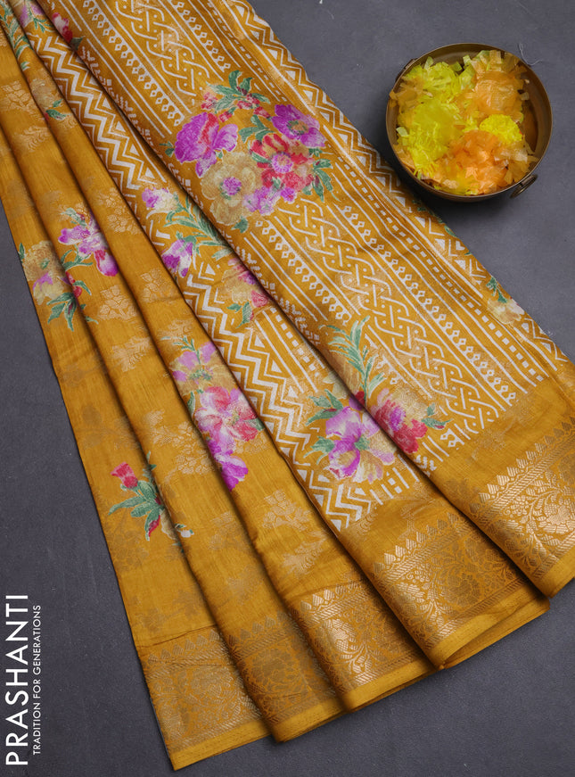 Semi dola saree mustard yellow with allover zari weaves & floral prints and zari woven border