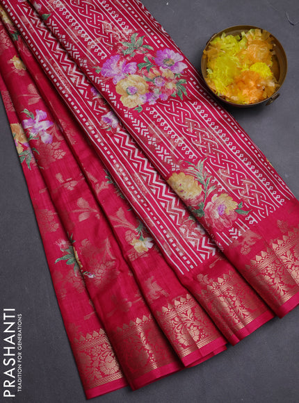 Semi dola saree pink with allover zari weaves & floral prints and zari woven border