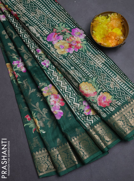 Semi dola saree bottle green with allover zari weaves & floral prints and zari woven border