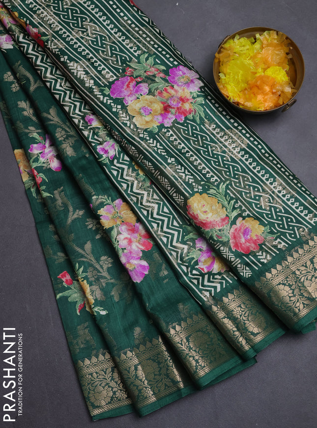 Semi dola saree bottle green with allover zari weaves & floral prints and zari woven border