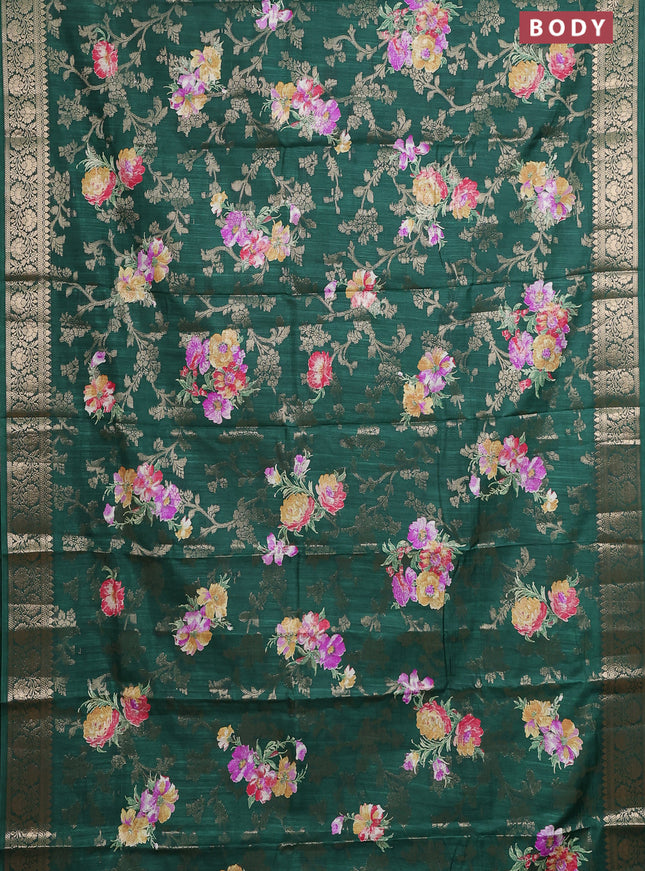 Semi dola saree bottle green with allover zari weaves & floral prints and zari woven border