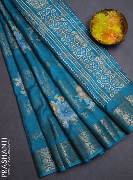 Semi dola saree teal green with allover zari weaves & floral prints and zari woven border