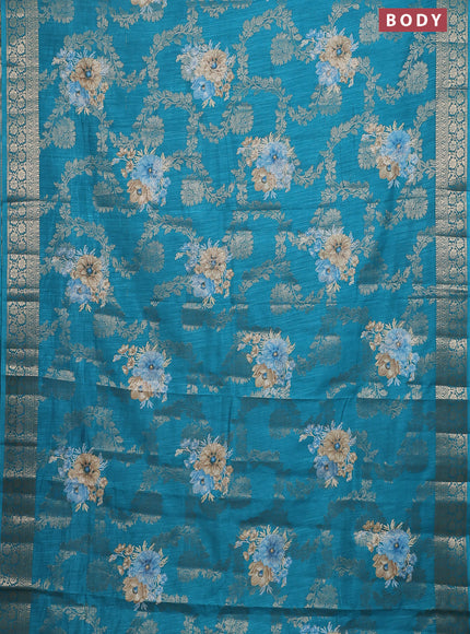 Semi dola saree teal green with allover zari weaves & floral prints and zari woven border