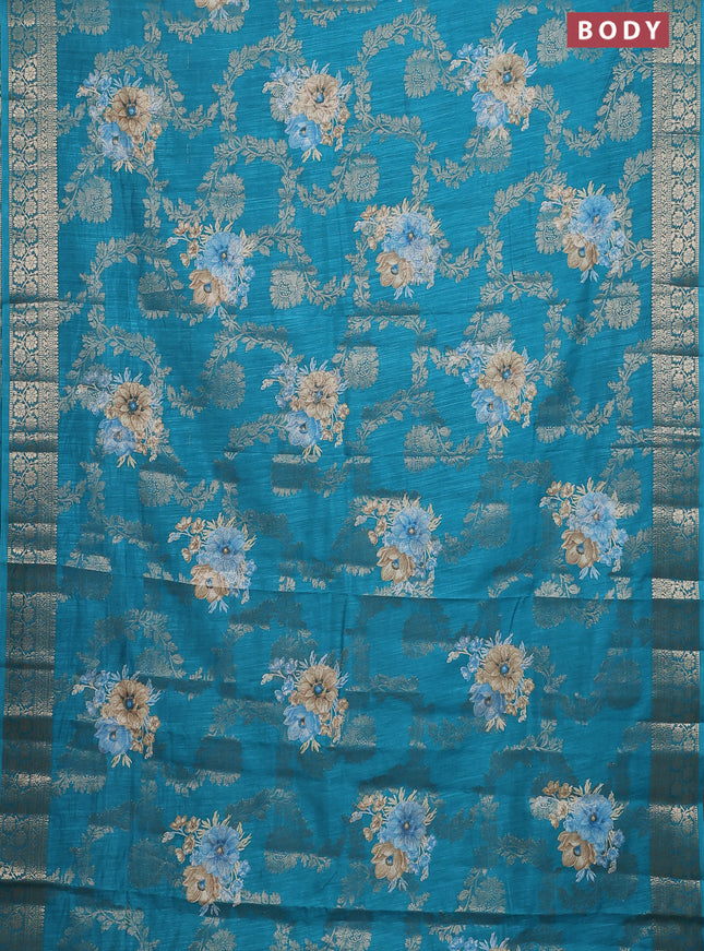 Semi dola saree teal green with allover zari weaves & floral prints and zari woven border