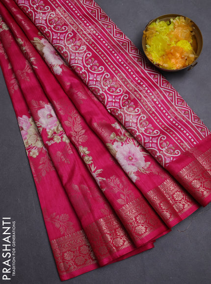 Semi dola saree pink with allover zari weaves & floral prints and zari woven border