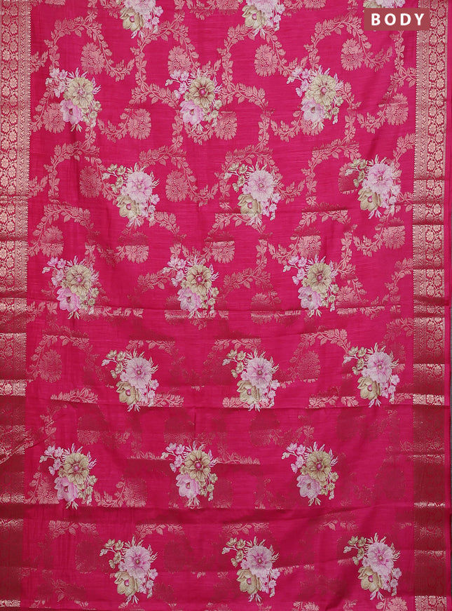 Semi dola saree pink with allover zari weaves & floral prints and zari woven border